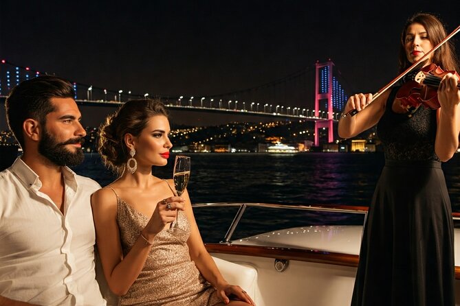 Bosphorus Night Cruise with Luxury Yacht - Maiden’s Tower at night, plus Galataport’s modern glow