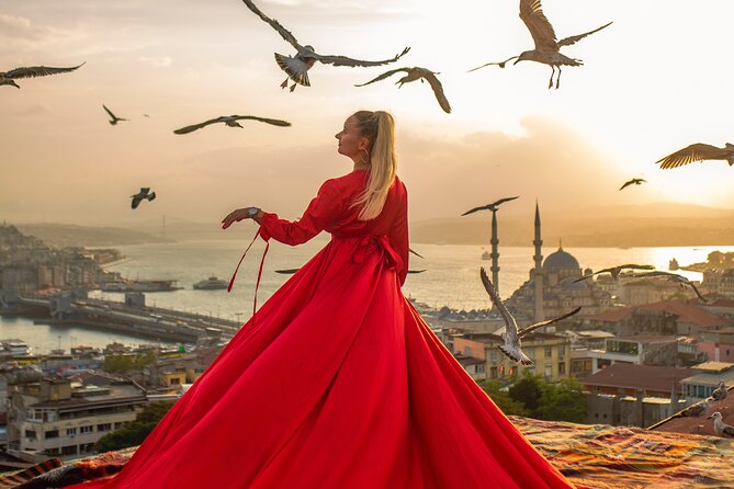 Rooftop Flying Dress Photo Shoot in Istanbul - Seagulls on a rooftop: fun when it works, reality when it does not